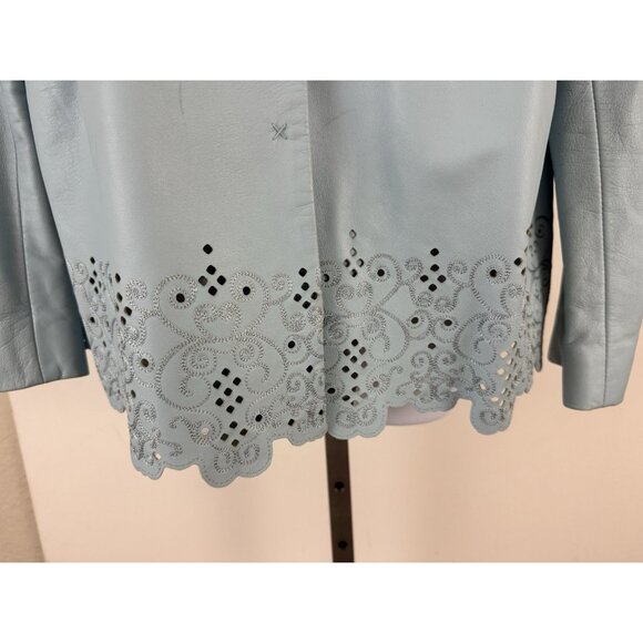 DANA BUCHMAN Baby Blue Lambskin Snap Front Jacket Cutout Detail Sz 14 - Picture 2 of 6
